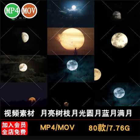 月亮树枝明月光圆月蓝月满月空境阴云夜空乌云穿行过云层视频素材